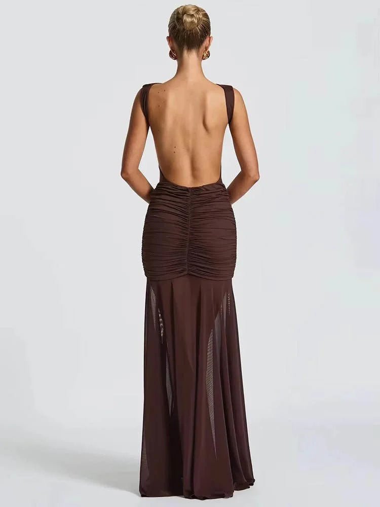 Women's sleeveless ruched dress with open back design